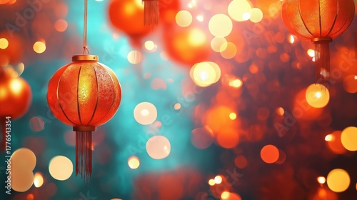 Close-up Traditional Red Chinese Lantern: Gold Bokeh, Teal Contrast, Cinematic Festive Light