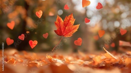 Macro Floating Maple Leaf: Red Orange Hearts, Romantic Autumn Bokeh, Soft Daylight Scene