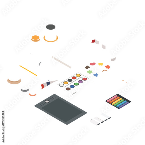 Isometric layout of creative hobby supplies watercolor paints drawing tablet chalk pastels and crafting elements.