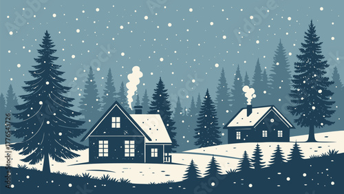 Cozy winter scene silhouette of houses amidst snowy evergreen forest, perfect for holiday themes