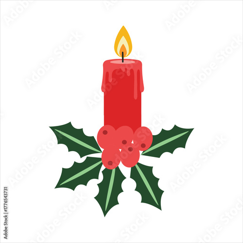 Red christmas candle burning with holly leaves and red berries