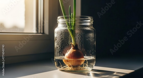 Onion Sprout Growing in Glass Jar on a Windowsill, Sunlight and Natural Process