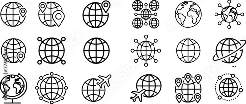 Set of Black Outline Globe Icon Vector Illustrations for Global Business and Worldwide Network Concept