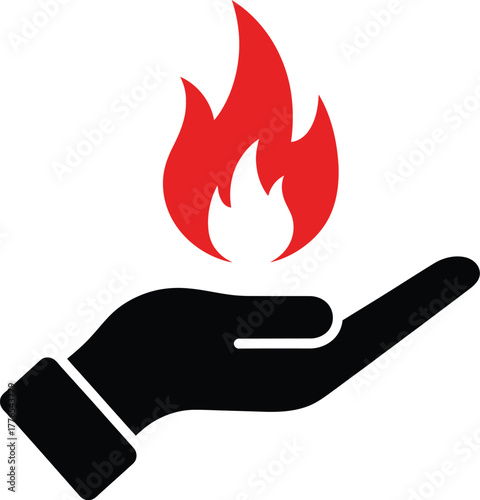 Stylized black hand gently holding a vibrant red flame, symbolizing energy, warmth, and safety concepts.