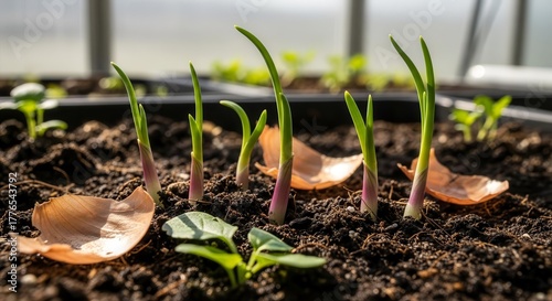 Onion Sprouts Emerging From Soil Growing Inside Of A Small Black Tray