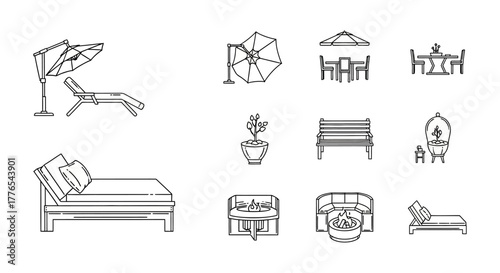 patio furniture icons outdoor lounge dining sets and fire pits stylish backyard furniture line art for summer lifestyle marketing  home design