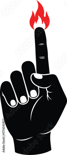 Stylized black hand pointing up with a red flame burning on the index finger tip, warning concept design
