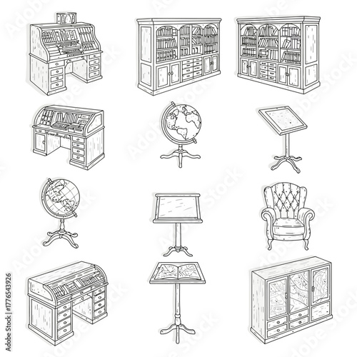 antique furniture sketches collection desks bookshelves globes stands and armchair vintage style illustrations for interior decor concepts
