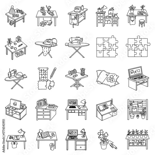 crafting table sketches hobby desks for sewing puzzles and gardening illustrating diy projects and creative workspaces at home