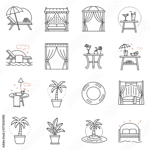 Tropical resort line icons beach vacation cabana cocktails by the sea for summer travel ads and tropical paradise destination marketing materials.