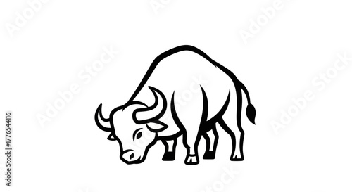 Monochrome Illustration of a Bull with Head Down in Charge Pose.