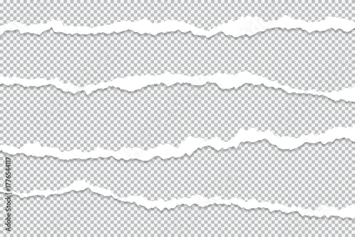 Four long piece of torn papers transparent background, Ripped paper edges isolated