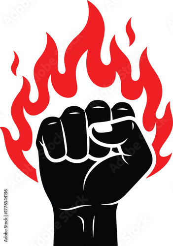 Clenched fist with red flames symbolising strength, revolution, protest, and powerful resistance