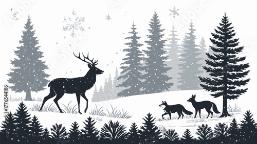 Majestic deer silhouette grazes in snowy forest with foxes, a winter wonderland scene
