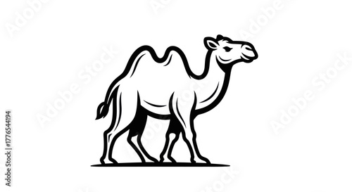 Monochrome Illustration of a Majestic Camel Standing Tall in the Desert.