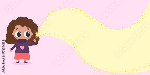Magic kawaii girl making golden sparkling wave with her wand star shaped. Banner or invitation for children Birthday party. Background with space for text.