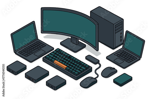 Isometric arrangement of modern computing devices and accessories including laptops, monitor, and keyboard