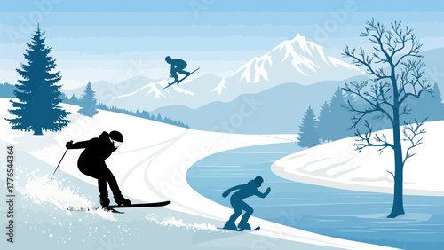 Dynamic ski silhouette captures thrilling winter sport adventure on snowy mountain slopes
