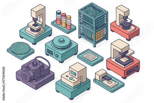Isometric collection of equipment for microchip fabrication and scientific research