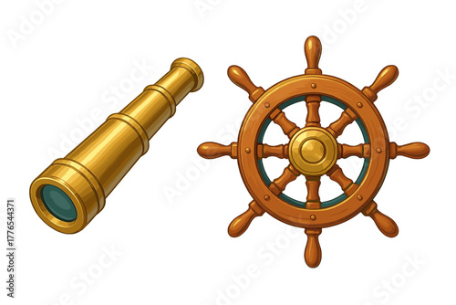 Golden brass spyglass and classic wooden ship steering wheel isolated on white