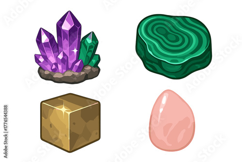 Collection of colorful crystals and precious stones for fantasy game assets