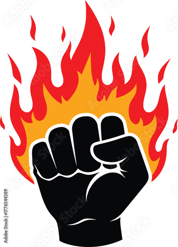 Powerful clenched fist surrounded by fiery flames, symbolizing strength, protest, determination, and energy.