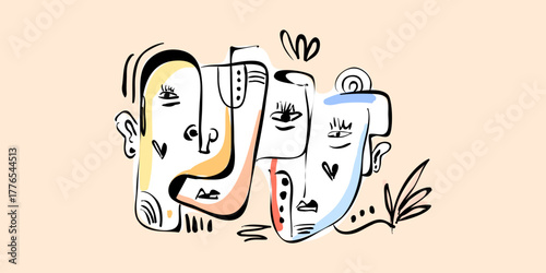 abstract, and cubist style illustration featuring overlapping faces and figures