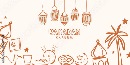Cheerful Drawn Doodle Banner for Ramadan Celebration