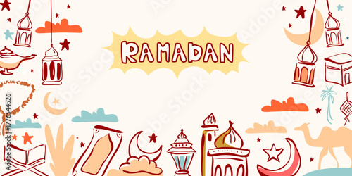 Cheerful Drawn Doodle Banner for Ramadan Celebration