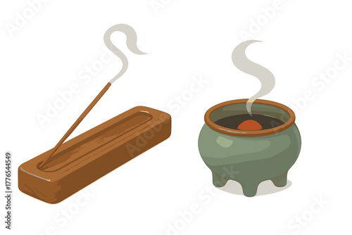 Traditional aromatic stick and cone burning in holders for meditation and relaxation