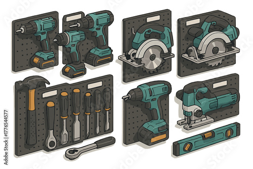 Organized power tools and hand implements displayed neatly on dark workshop pegboard