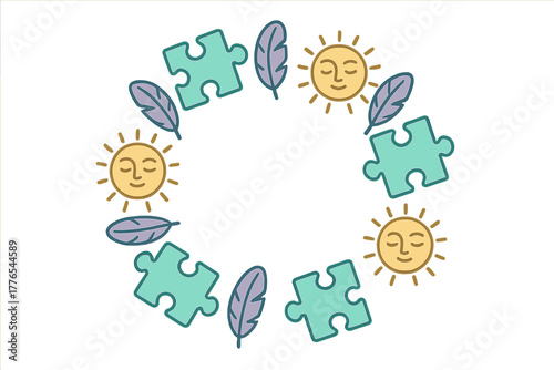 Circular frame with smiling sun icons, teal puzzle pieces, and purple feathers on white background