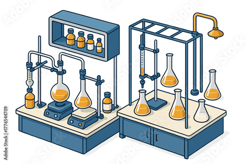 Isometric chemistry laboratory workbench with glassware and scientific apparatus