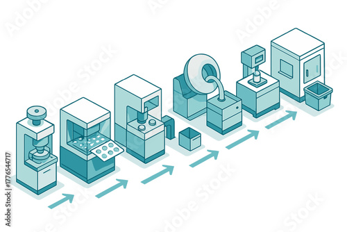 Automated industrial assembly line showing production stages for pills and tablets