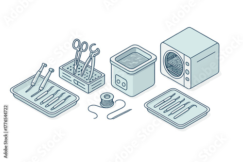 Isometric view of dental and surgical instruments and sterilization equipment including ultrasonic cleaner and medical autoclave machine