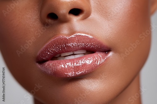 Close-up of a brown African American woman's lips, coated in clear shiny lip gloss, with her mouth closed, highlighting the smooth texture and subtle shine.