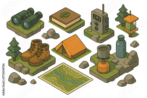 Isometric collection of essential gear for hiking, camping, and outdoor wilderness exploration
