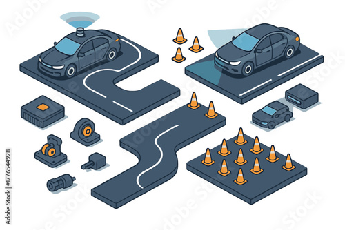 Autonomous vehicle components set with self-driving cars, road segments, and testing cones