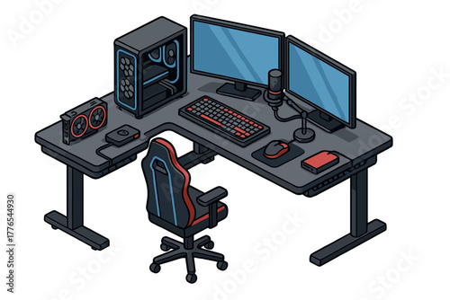 Modern professional gaming desk setup featuring dual monitors computer tower and ergonomic chair
