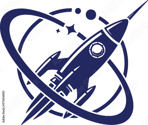 Blue Rocket Ship Taking Off Through Orbit Surrounded by Stars and Satellites