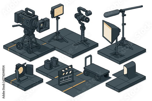 Professional video production equipment set with camera lighting microphone and clapperboard