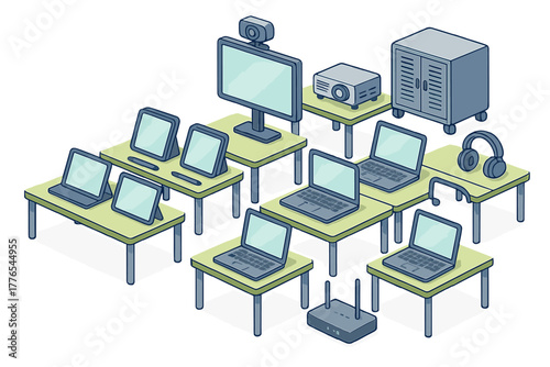 Modern classroom technology setup featuring laptops tablets monitor projector and networking equipment on small desks
