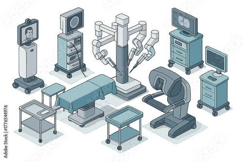 Advanced robotic surgery system components and medical equipment set in isometric view