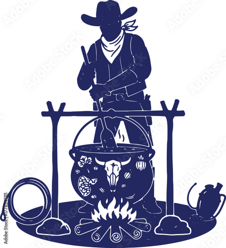 Cowboy Campfire Cooking Scene Western Lifestyle with Cauldron and Cattle Skull Design Illustration