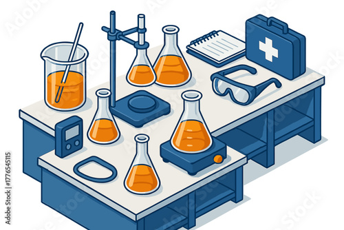 A detailed isometric view of a chemistry laboratory workbench filled with scientific glassware and safety equipment
