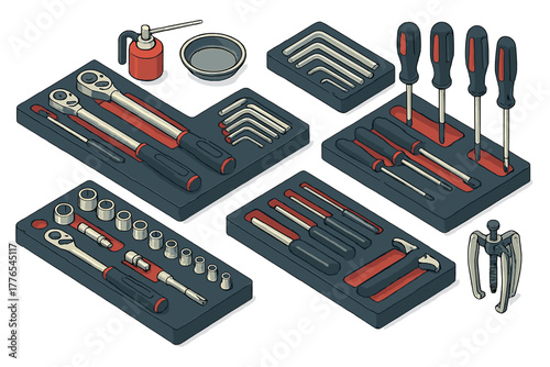 Organized collection of professional repair and maintenance tools including ratchets, sockets, and screwdrivers