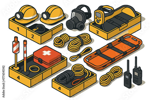Isometric set of emergency response and rescue equipment including safety helmets, first aid kit, ropes, and stretcher
