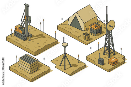 Heavy drilling machinery, temporary field shelter, communication antenna, and essential supplies