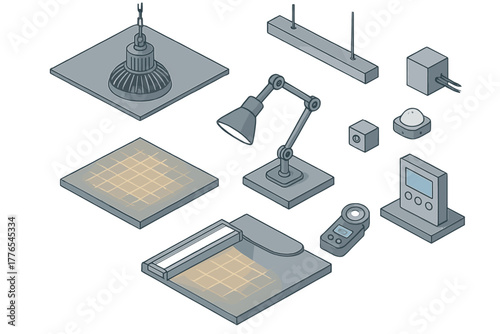 Professional lighting fixtures and light intensity measurement equipment in isometric view