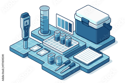 Isometric arrangement of scientific testing tools, pH meter, cooler box, and laboratory glassware for environmental research